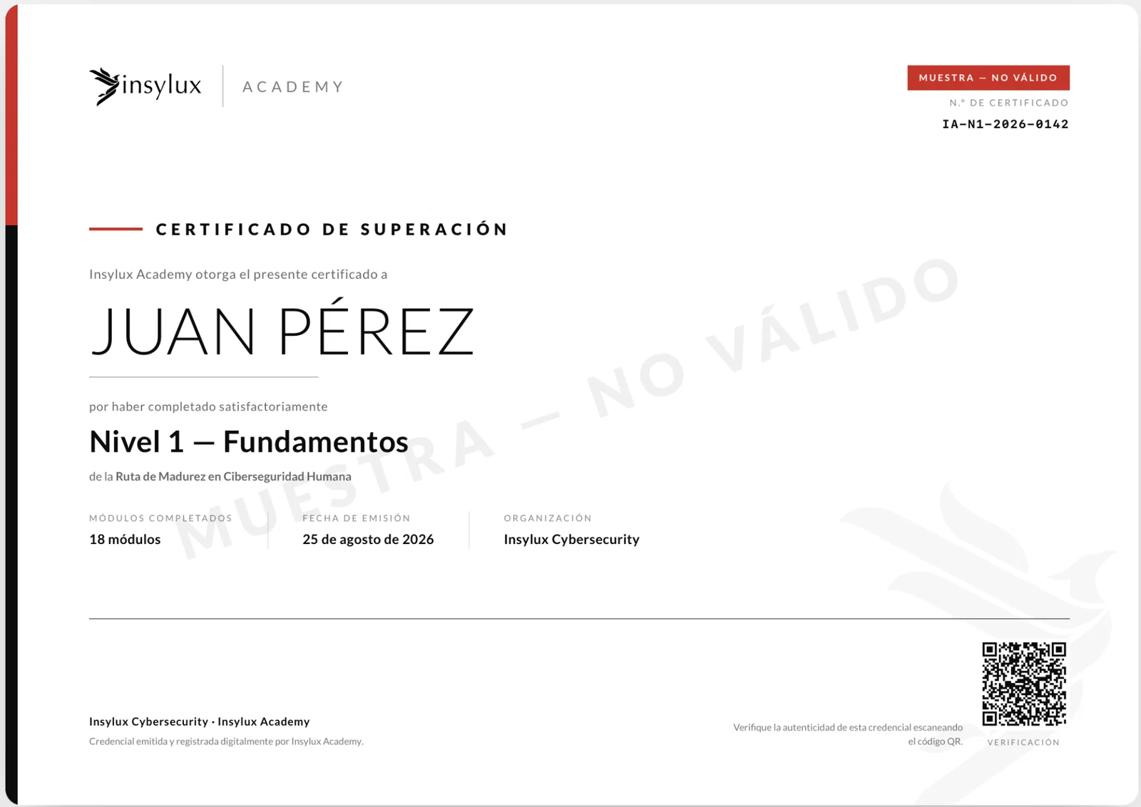 Vista de muestra de una credencial verificable en Insylux Academy
