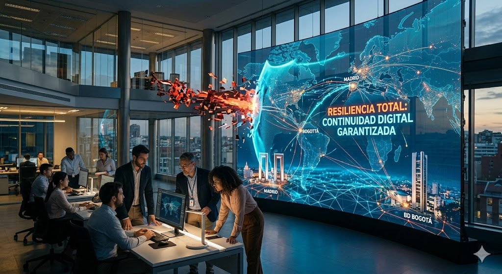 Expertos en ciberseguridad garantizando la continuidad digital de una empresa en España y Colombia ante ataques cibernéticos.