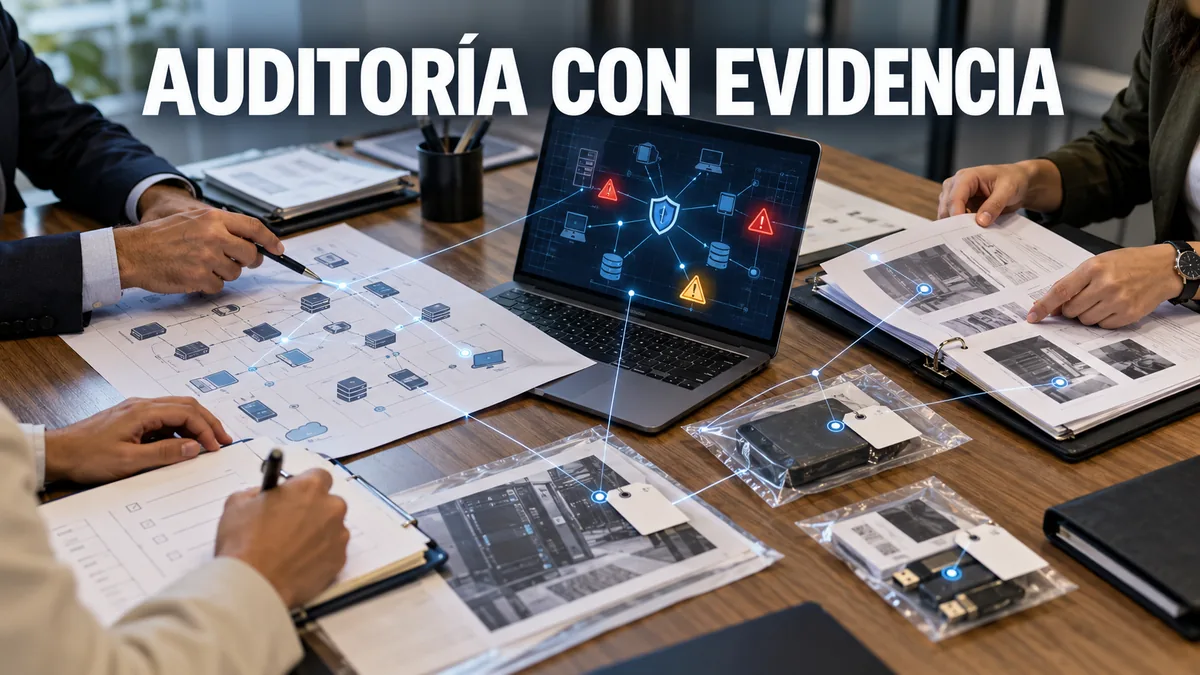 Equipo revisa inventarios, controles y evidencia técnica bajo el titular Auditoría con evidencia.