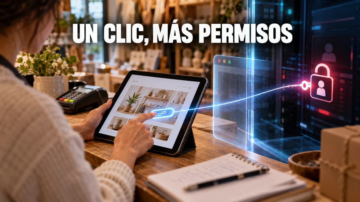 Sitio de comercio visto en tableta con un enlace que cruza la barrera de permisos, bajo el titular Un clic, más permisos.