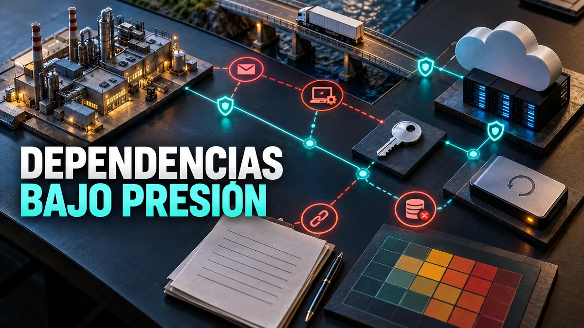 Cadena física de dependencias empresariales con señales de riesgo y el titular Dependencias bajo presión.
