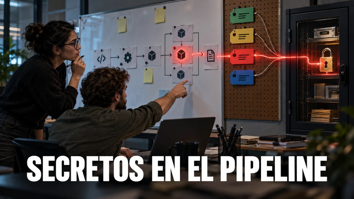 Equipo de desarrollo rastrea una dependencia del pipeline hacia un armario de secretos, con el titular Secretos en el pipeline.