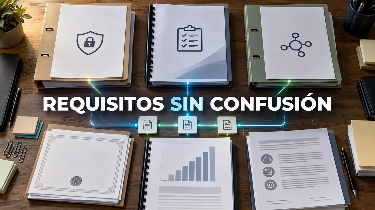 Tres expedientes de requisitos conectados con evidencia bajo el titular Requisitos sin confusión.