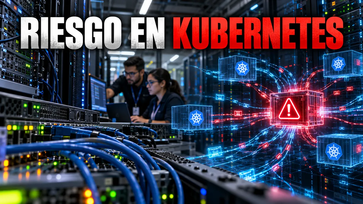 Técnicos revisan servidores y nodos Kubernetes con rutas de paquetes bajo el titular Riesgo en Kubernetes.