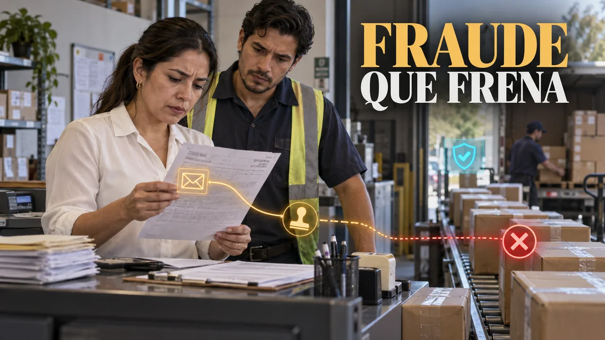 Un equipo revisa una factura junto a pedidos detenidos, con señales de fraude y el titular Fraude que frena.