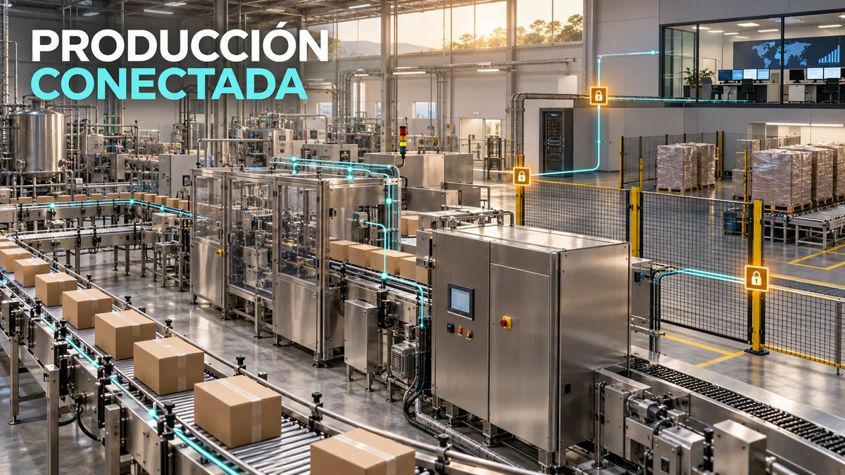 Línea industrial sin personas conectada a un gabinete de control, con límites de red y el titular Producción conectada.