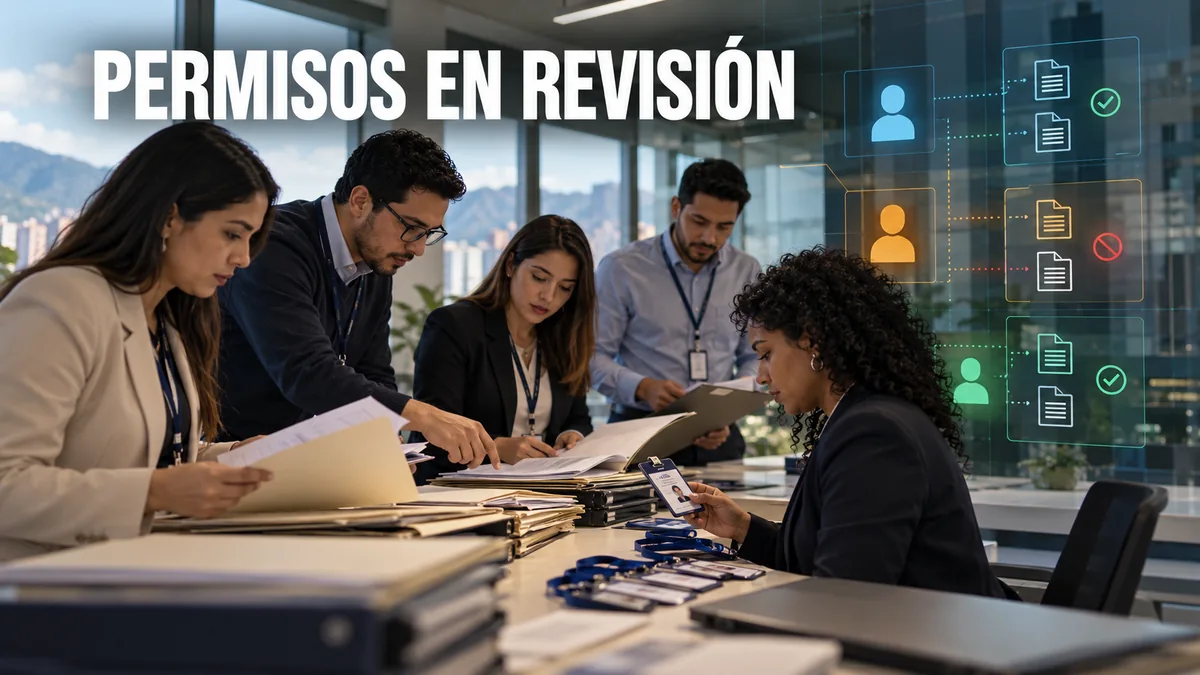 Equipo revisa permisos de una plataforma de IA bajo el titular Permisos en revisión.