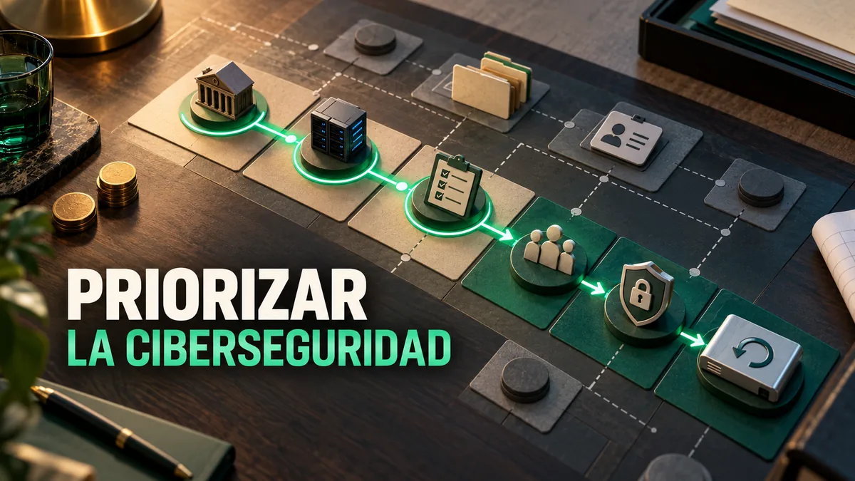 Tablero físico ordena gobierno, pruebas, personas y recuperación bajo el titular Priorizar la ciberseguridad.