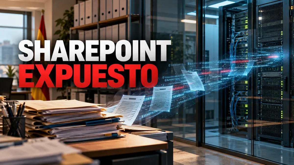 Servidor SharePoint en revisión con bandera española y el titular SharePoint expuesto.