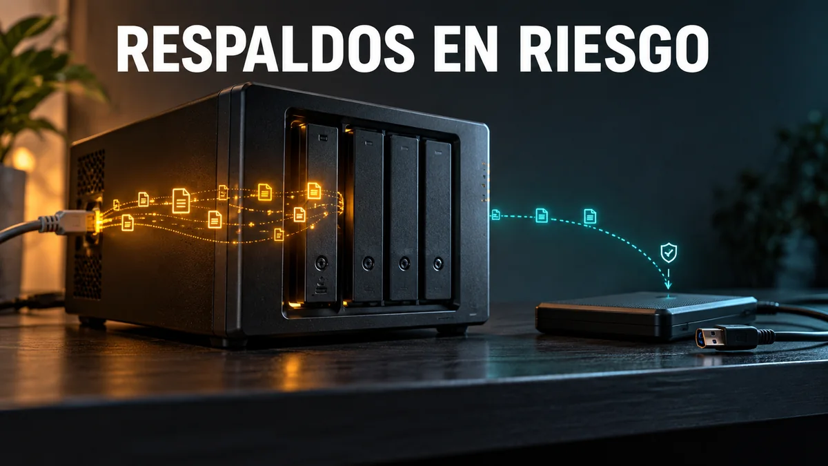 Primer plano de un NAS y un respaldo independiente, con rutas de riesgo y el titular Respaldos en riesgo.