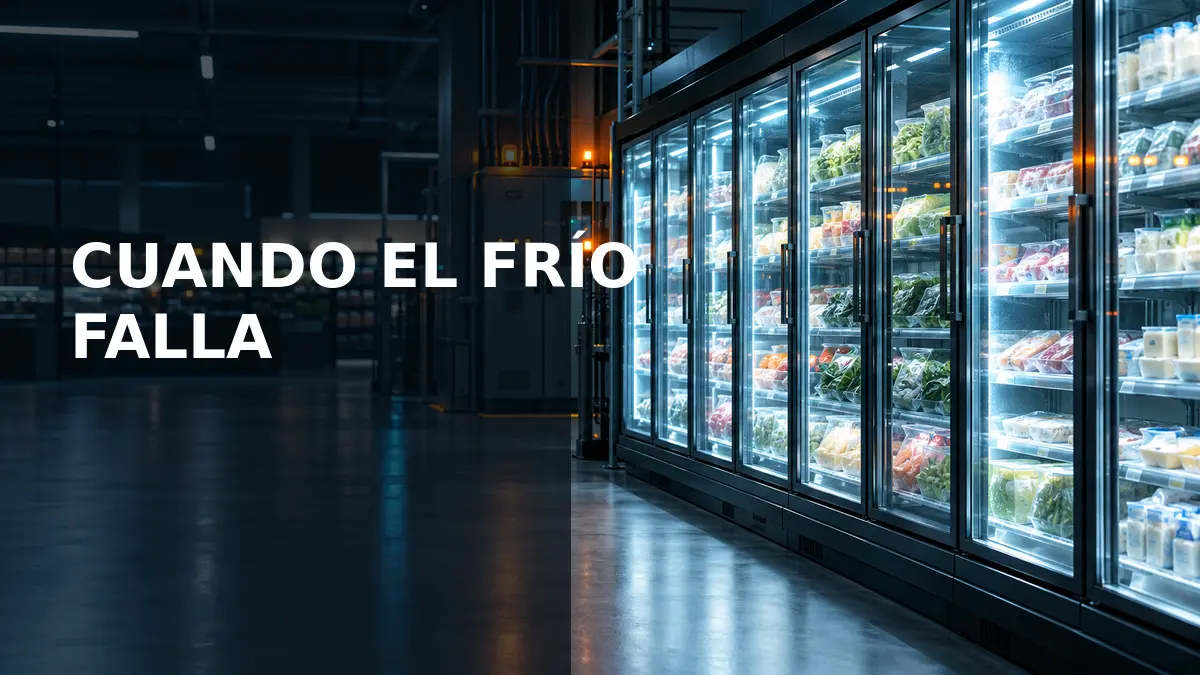 Pasillo de refrigeración de supermercado conectado a un gabinete de control industrial
