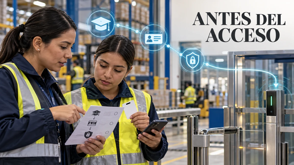 Dos mujeres realizan una inducción de seguridad en un entorno logístico colombiano; formación, identidad y acceso conectados.