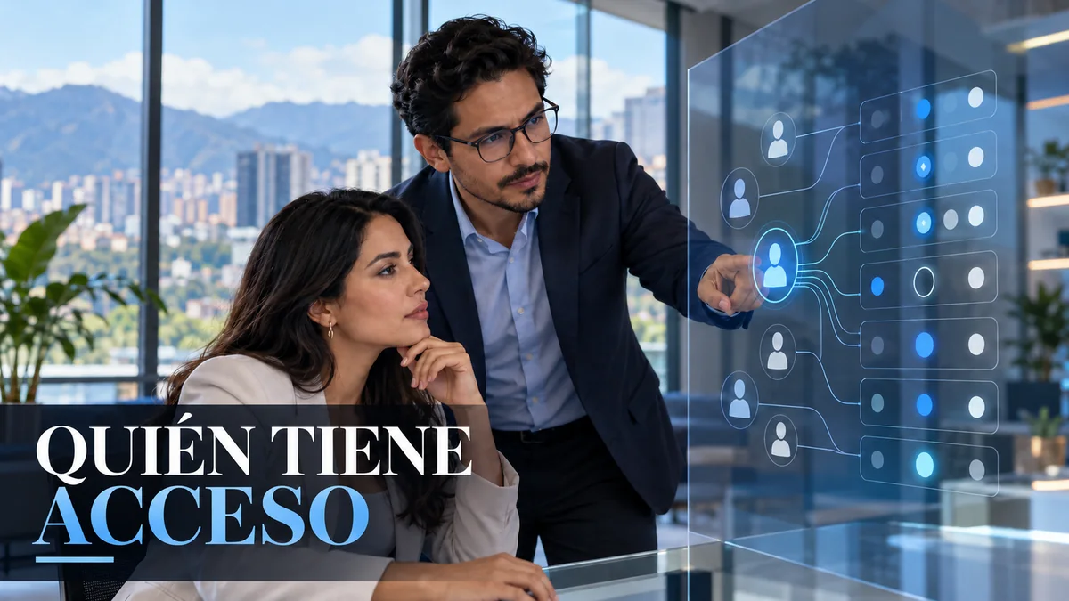 Dos profesionales revisan un mapa visual de permisos e identidades en una oficina