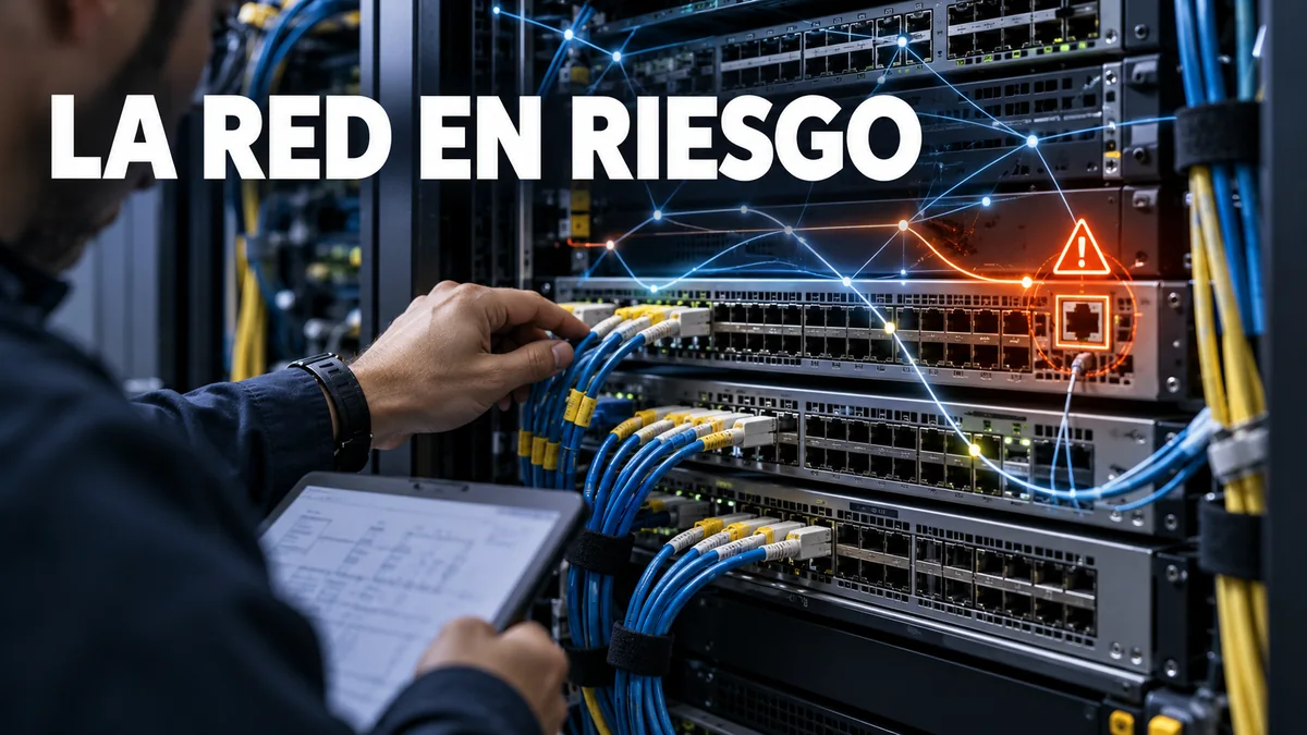 Portada editorial «LA RED EN RIESGO»: equipos de red y cables de fibra.